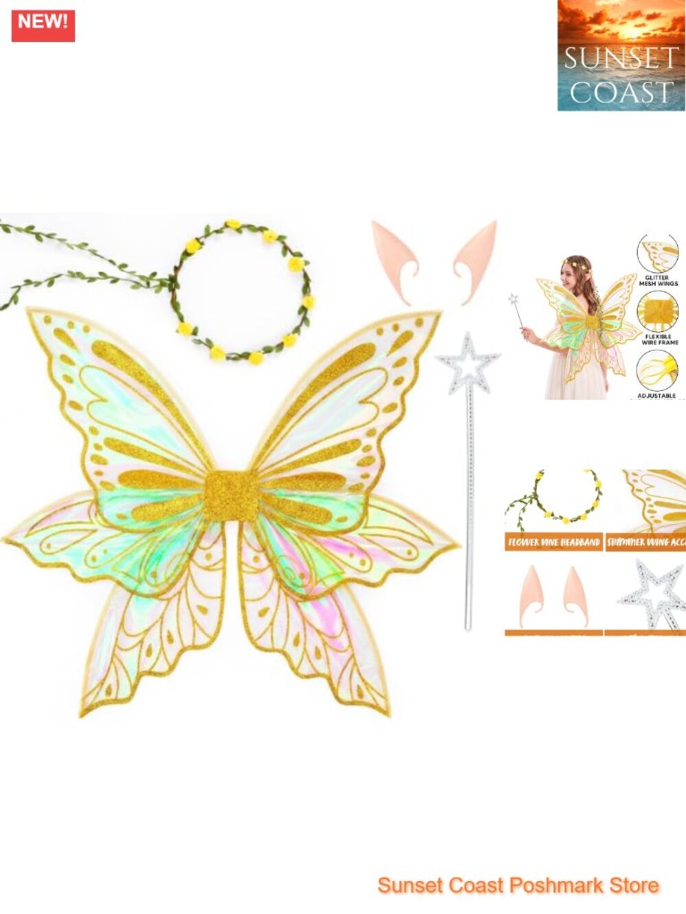 Glitter Fairy Wings Elf Ears Wand Floral Crown Costume Accessory Set